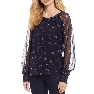 Draper James Blue Floral Chiffon Keyhole Blouse Large